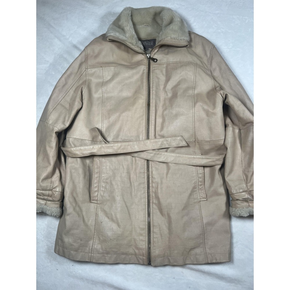 Wilsons Leather Coat Womens Large Beige‎ Faux Fur Lined Belted Parka Full Zip